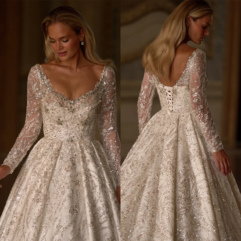 

Customized Exquisite White Organza Wedding Dress Luxury V-neck Long Sleeves Bridal Party Delicate Lace Up Back Vestido De Novia
