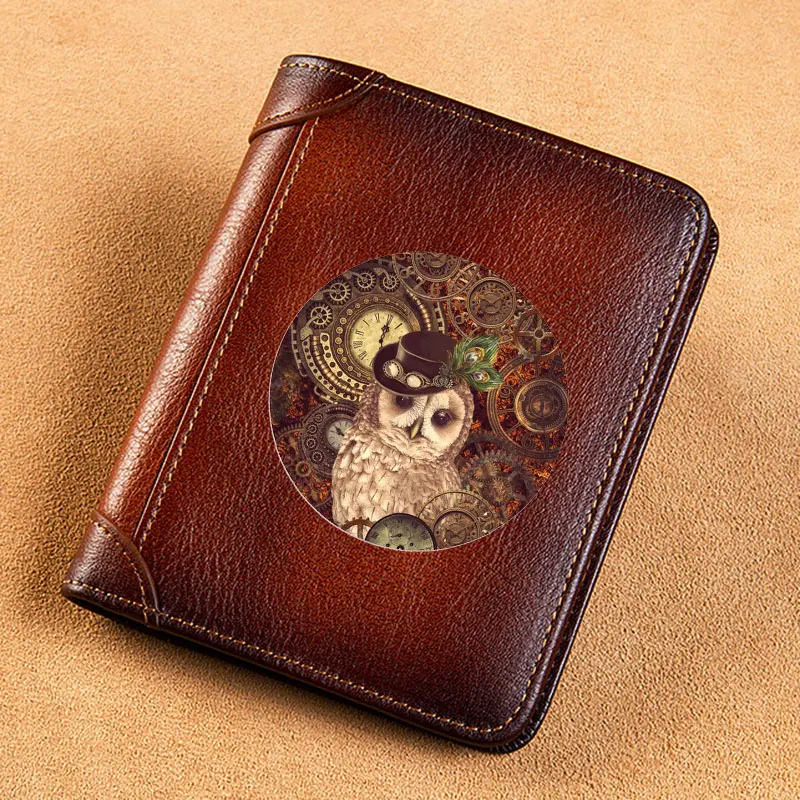 

High Quality Genuine Leather Men Wallets Antique Steampunk Owl Sign Short Card Holder Purse Trifold Men's Wallet BK3856