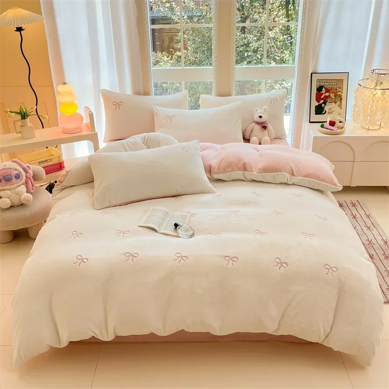 New Scattered Embroidery milk fleece four-piece autumn and winter double-sided thickened flannel coral fleece bed linen bedding