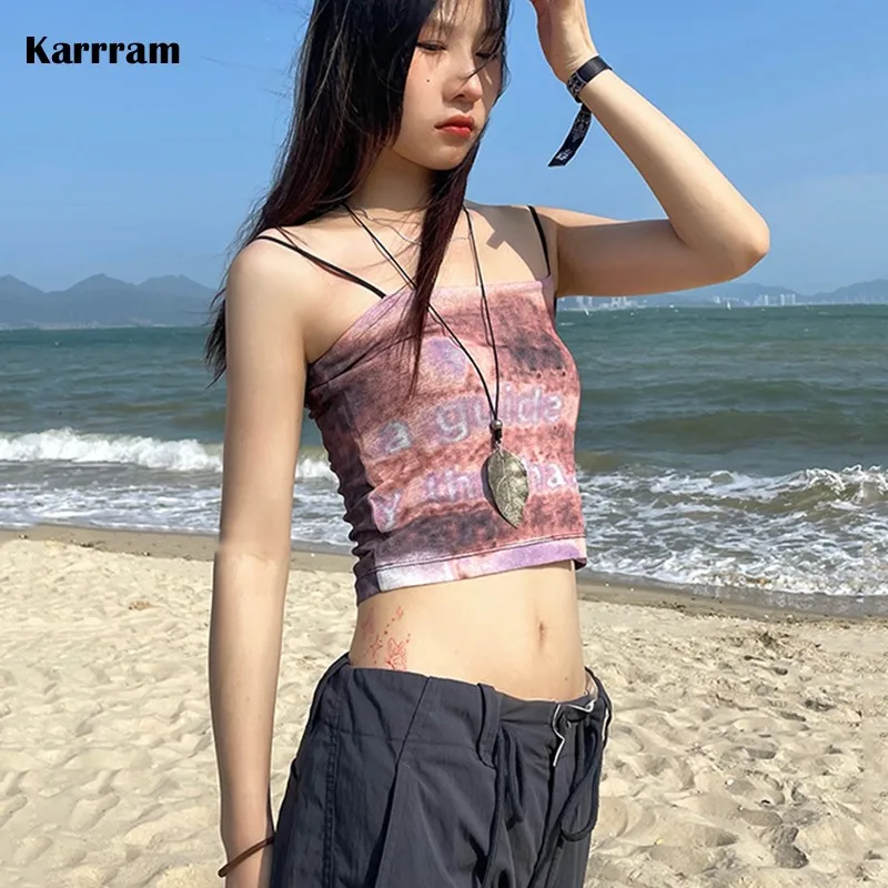 Karrram Y2k estetica canotta Tie Dye canotte stampate moda coreana Grunge top estate Sexy stile Punk Crop top Fairycore