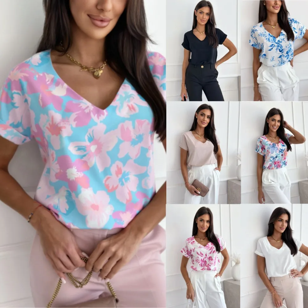 

Print Blouses Women V Neck Short Sleeve Blouse Pullover Shirts Loose Fit 2025 Summer Slight Strech Casual Basics Spliced