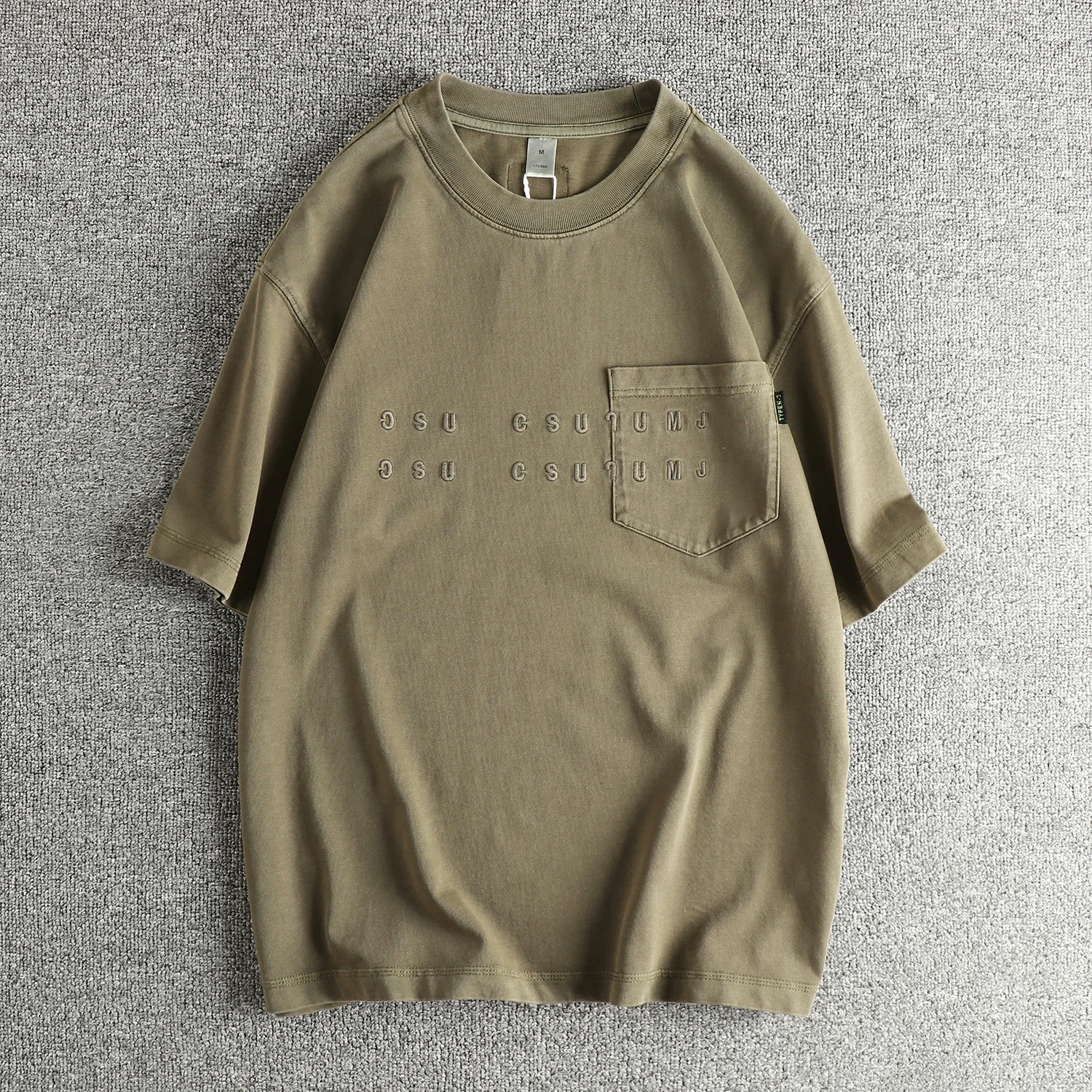 

Washed Cotton Short Sleeve T-Shirt Men's Olive Green Retro Stone Grind Embroidered Lettering Breathable Casual Tee