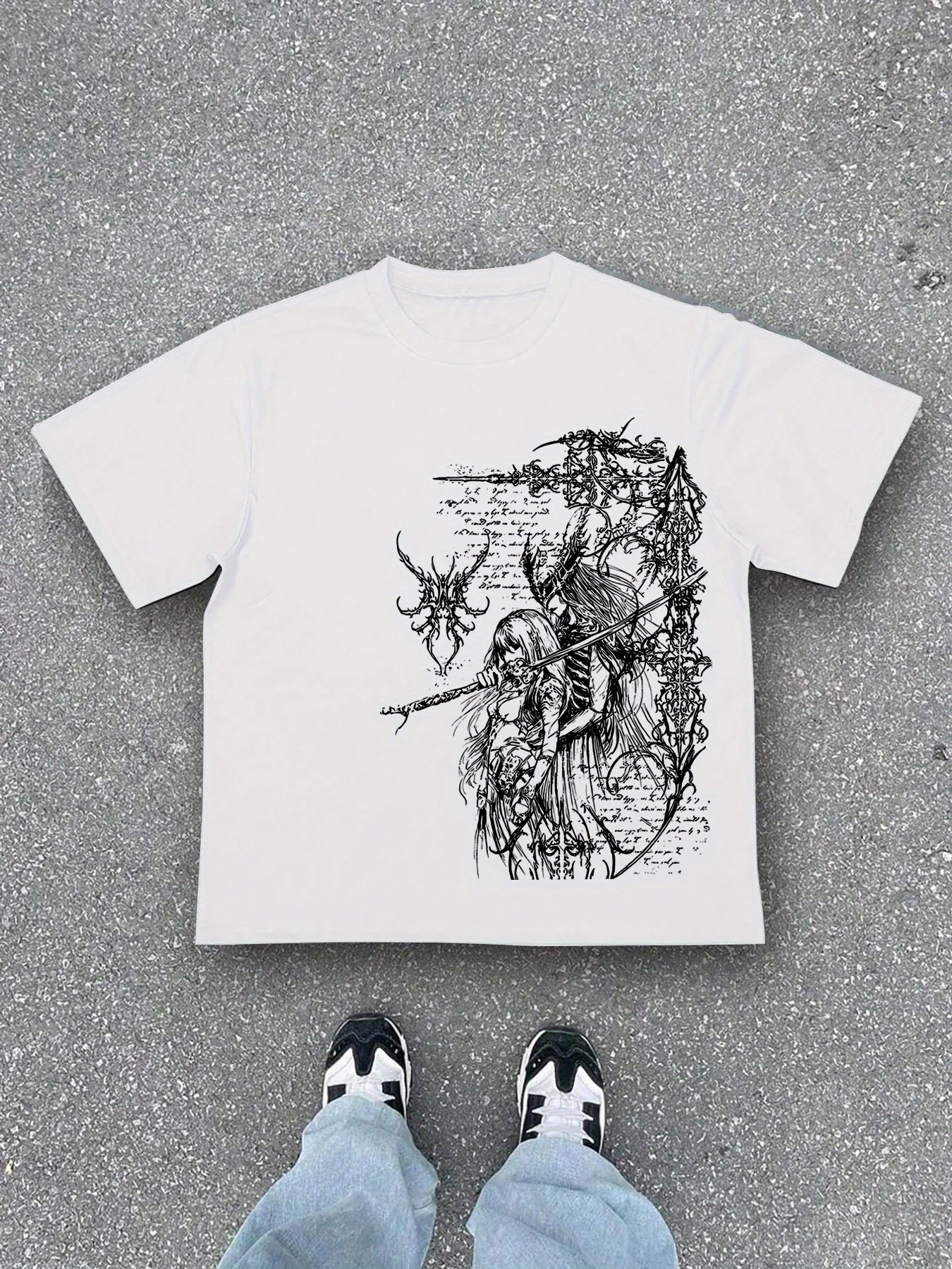 2026 Men Dark Gothic Graphic T‑Shirt Black Line Art Skeleton Warrior Girl Print O‑Neck Short Sleeve Loose Streetwear Tees