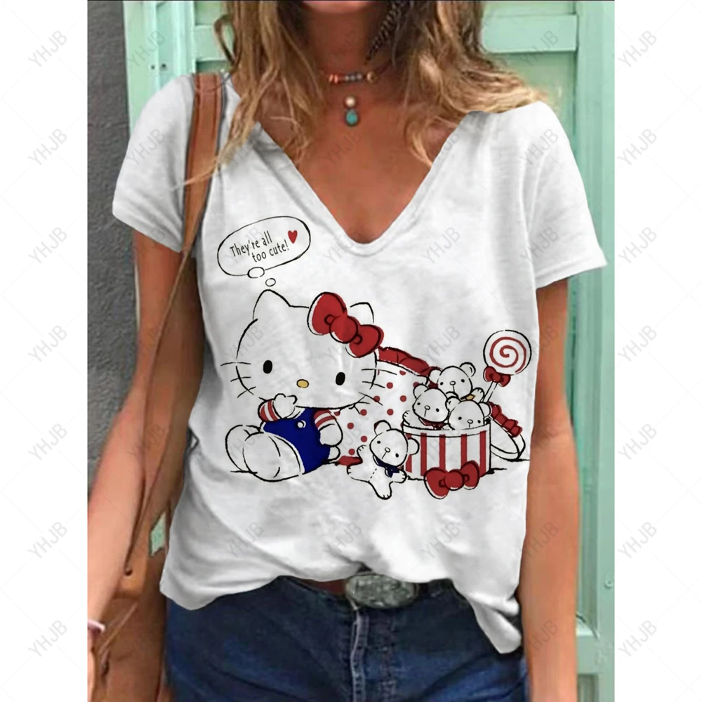 الصيف النساء تي شيرت ثلاثية الأبعاد موضة سانريو مرحبا كيتي الطباعة Harajuku تي شيرت الفتيات تي شيرت الملابس الجديدة قصيرة الأكمام الخامس الرقبة