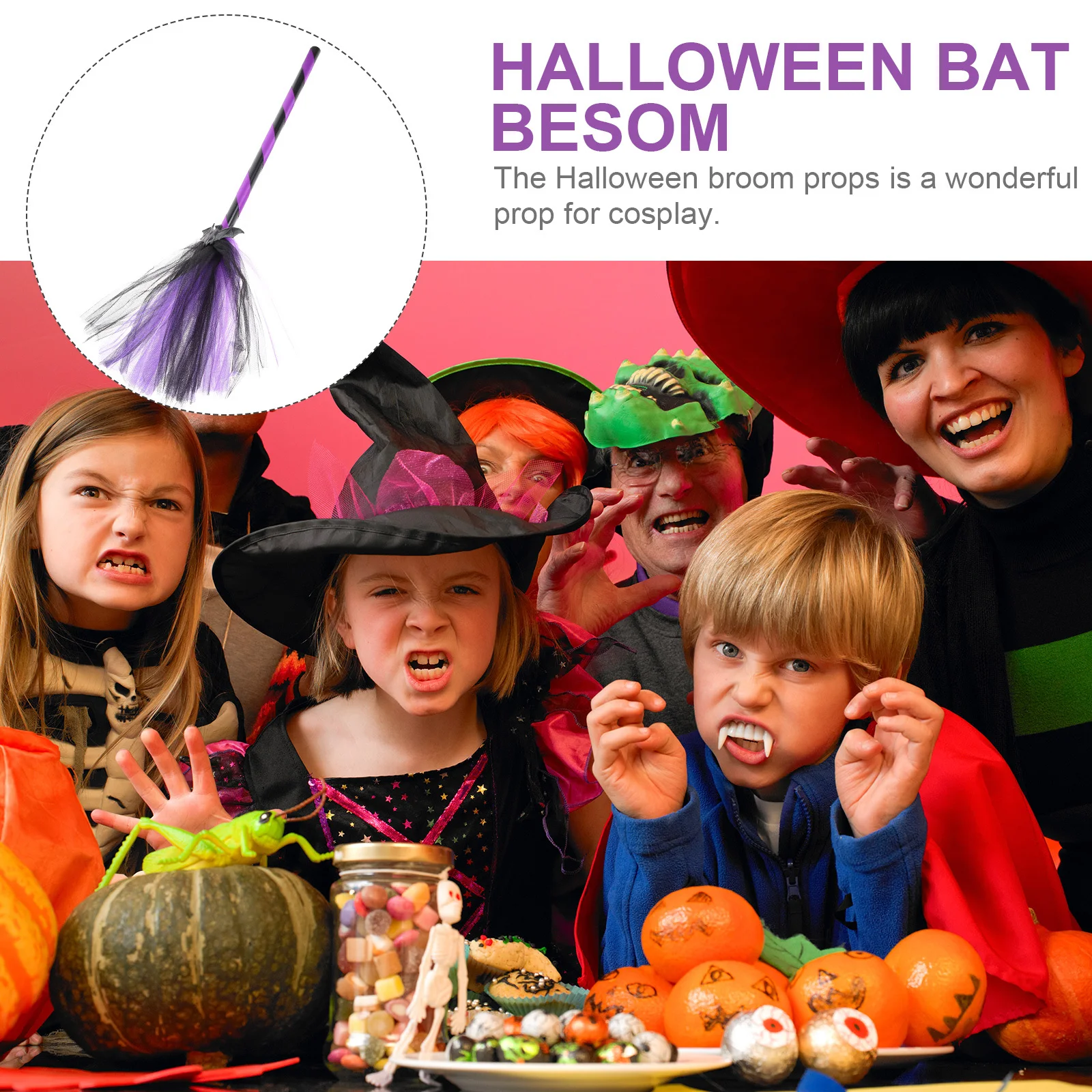 

1Pcs Halloween Bat Broom Ribbon Striped Handle Cosplay Decorative Bat Broom Props Halloween Festival Decor Party Supplies