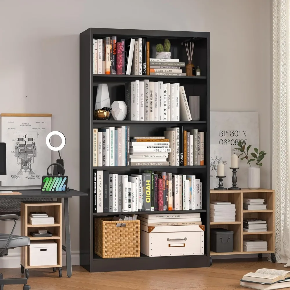 خزانة كتب معدنية ذات 5 أرفف على الطراز الصناعي، 14 عميقة للكتب والديكور والأقراص المضغوطة والأفلام ورف كتب حديث قابل للتعديل بطول 66 طويلًا