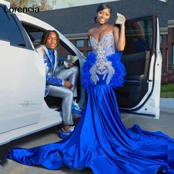 Customized Royal Blue Mermaid Feather Prom Dress For Black Girls Silver Rhinestones Beaded African Party Gala Gown YPD158