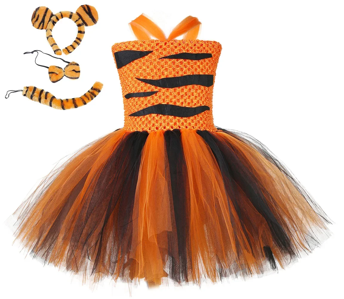 Kids Tiger Cosplay Costume Set Baby Girls Birthday Jungle Party Tutu Dress Children Halloween School Perform Clothes Set