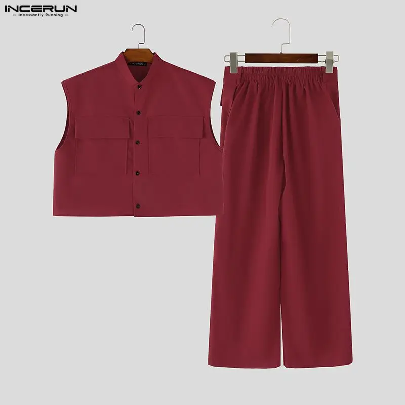 

INCERUN Men Sets Solid Sleeveless Crop Tops Shirt Pants 2 Piece Sets Streetwear Loose 2026 Fashion Men's Matching Sets Tracksuit