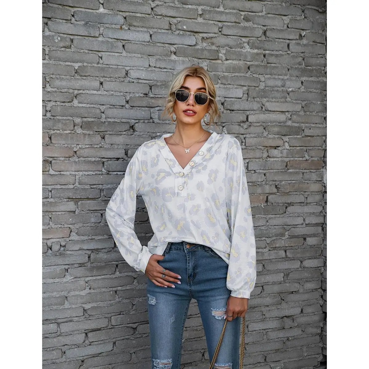 

Women's Printed Collar Off-oulder Long Sve T-irt Sweet Sle Polyester Fabric Loose Fit Summer Faion Ladies' Top