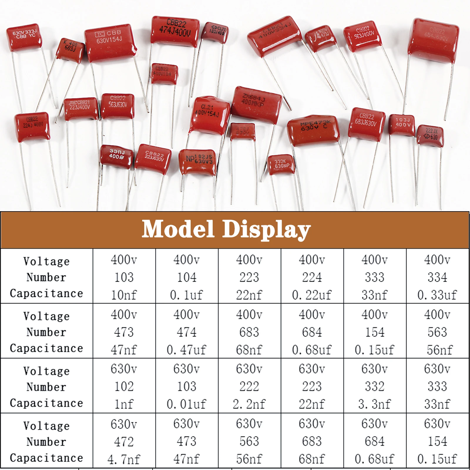 10pcs CBB Capacitors Metallized Polypropylene Film Capacitor 0.01uf 0.22uf 0.33uf 0.47uf 0.68uf 1nf 10nf 22nf 23nf 47nf 68nf