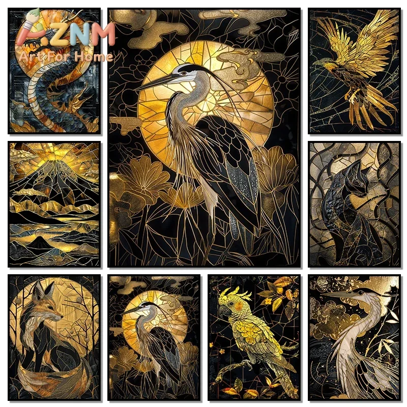 1pc Frameless Kintsugi Black Gold Animals Heron Birds Fox Poster Prints Japanese Landscape Wall Art Canvas For Living Room