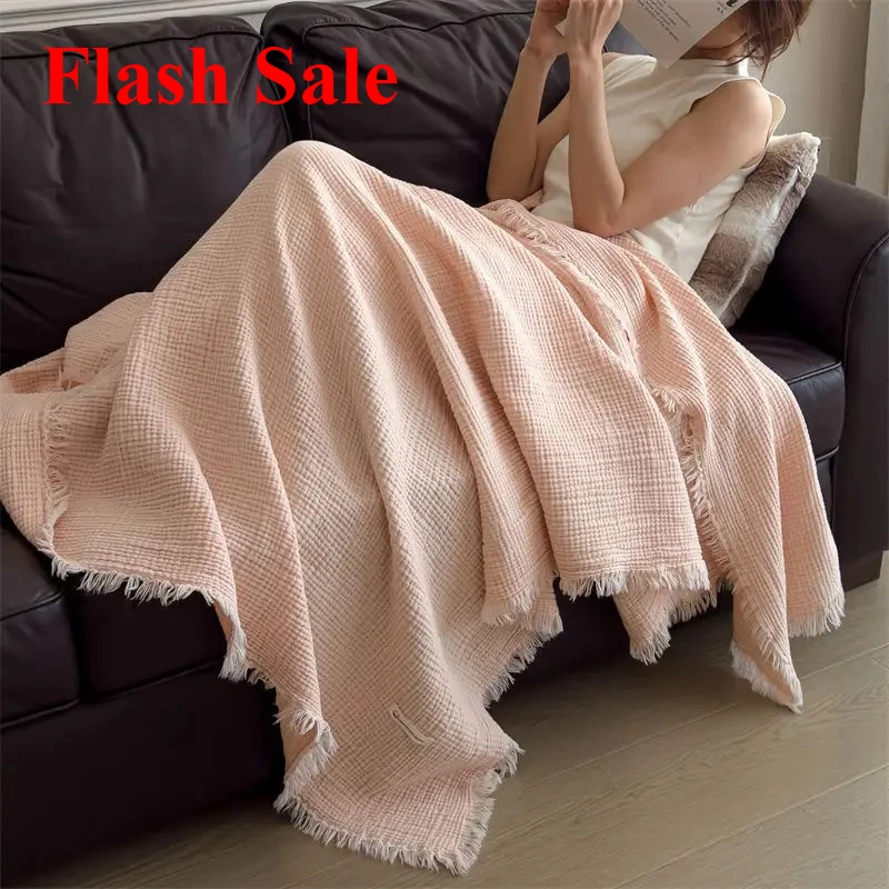 

2025 Class A knitted fringed pure cotton six-layer gauze blanket 100 cotton shawl blanket retro sofa nap blanket