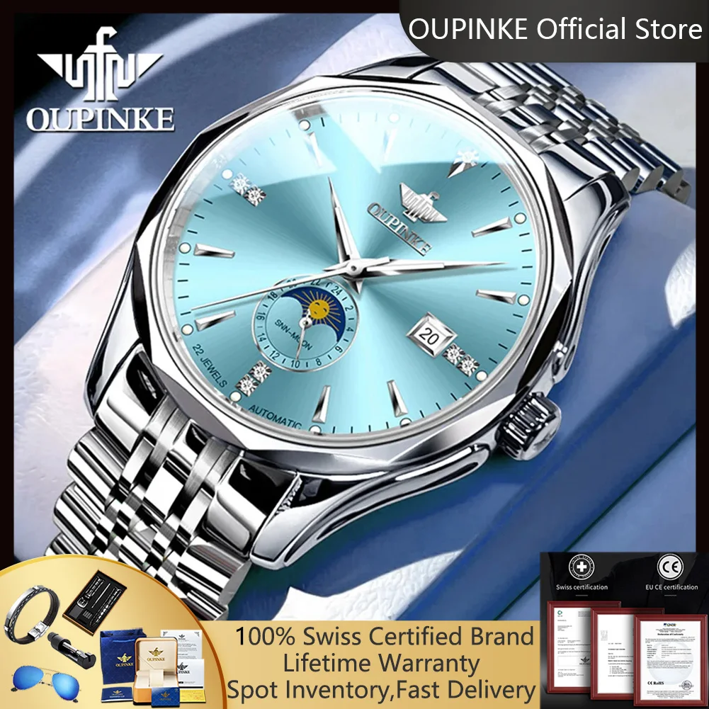 

OUPINKE 3275 Automatic Men's Watches Stainless Steel Waterproof Moon Phase Mehcanical Man Watch Original Luxury Watches for Men