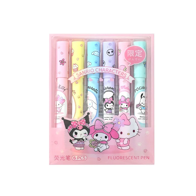 New Sanrio Series 6-piece Cinnamoroll Kuromi My Melody Fluorescent Pen Eye Protection Color Marker Pen Kawaii Hand Ledger Pen