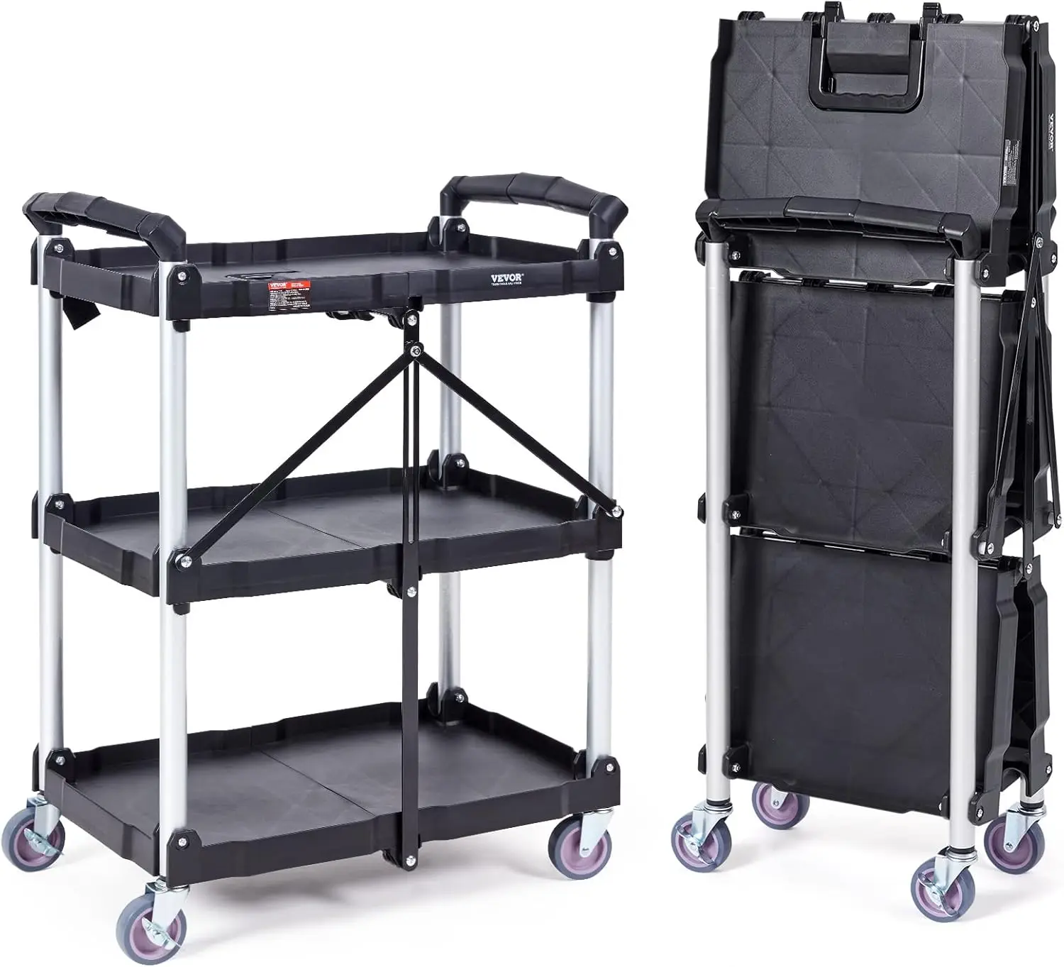 Foldable Utility Service Cart, 165LBS 3 Shelf Heavy Duty Plastic Rolling Cart with 360° Swivel Wheels (2 with Brakes)