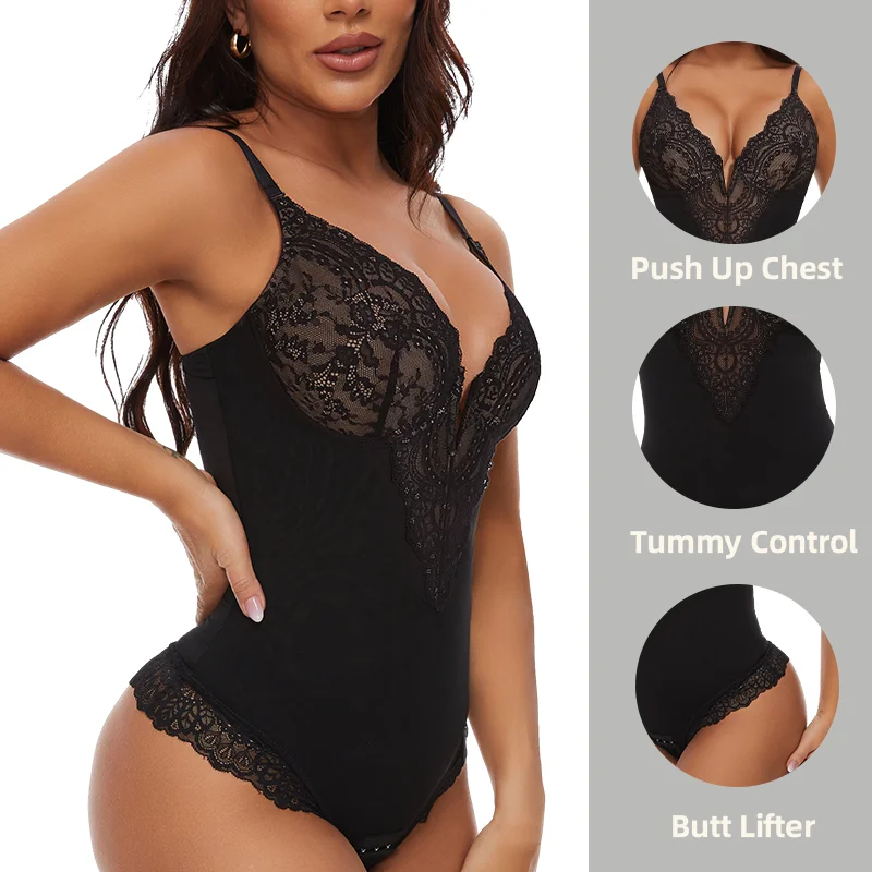 Women Shapewear Bodysuit Tummy Control Lace Corset Tops V Neck Sleeveless Backless Body Suit Thongs