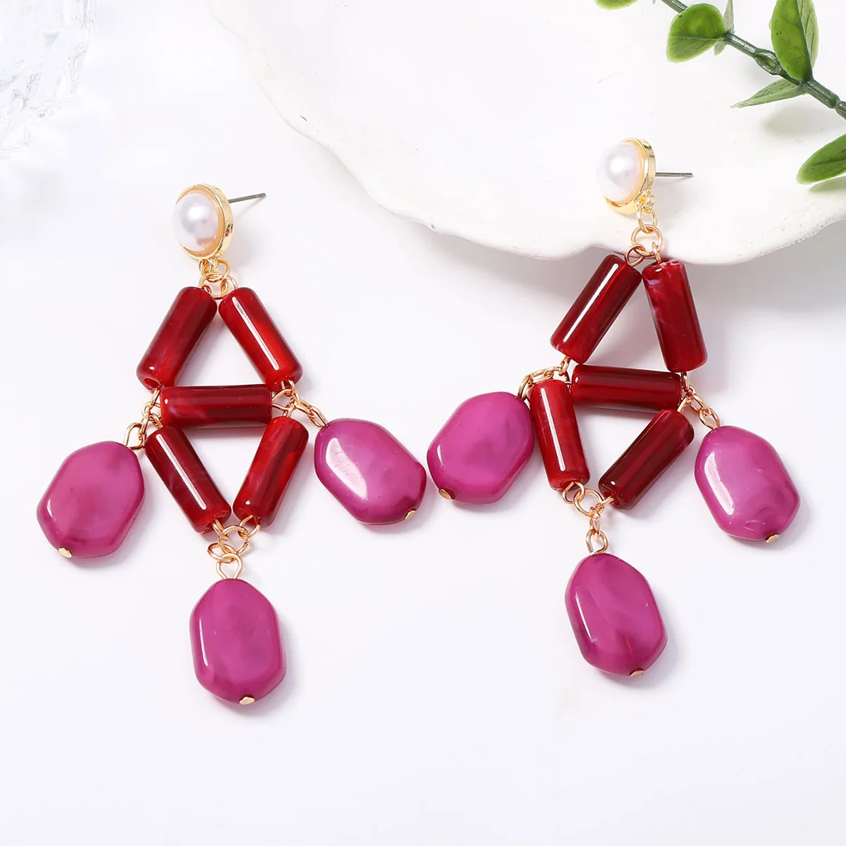 ZA French vintage geometric wine red rose purple color-block tassel earrings with niche design, high-end versatile earrings