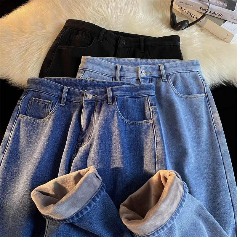 KAPMENTS Fleece Vintage Velvet Denim Pants Straight Pant Blue Korean Fashions Jeans Pants Denim Wide Leg Y2k Hip Hop Harem Pants