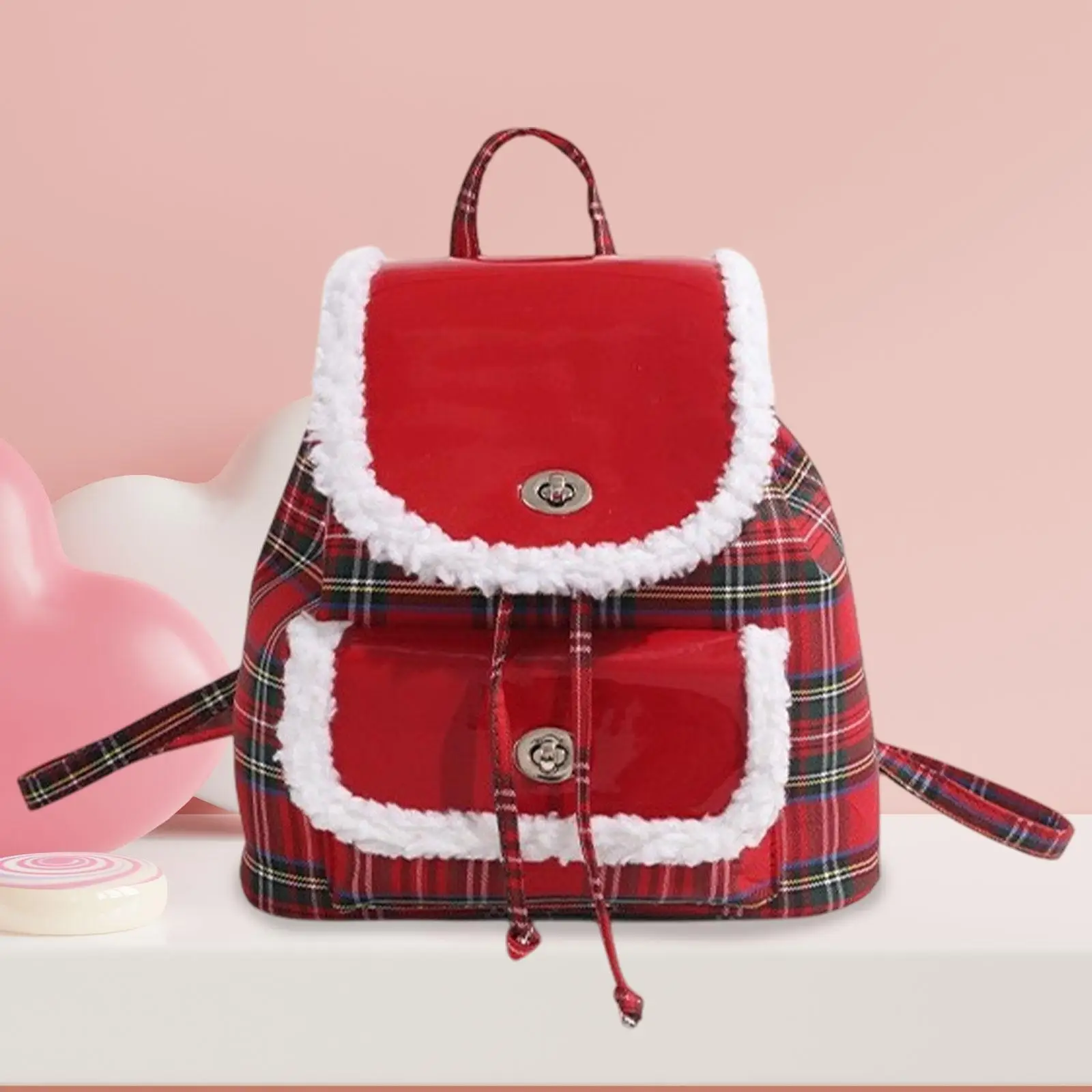 Red Plaid Backpack Fashion Knapsack Drawstring for Shopping Festive Traval Daily