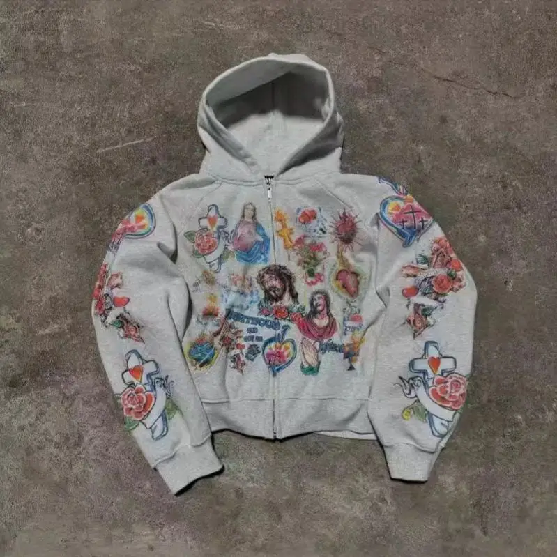 

Casual Loose Zipper Hoodie 2024 New Sto Cartoon Print Sweatirt Polyester Rayon Material Long Sve Sweet Sle