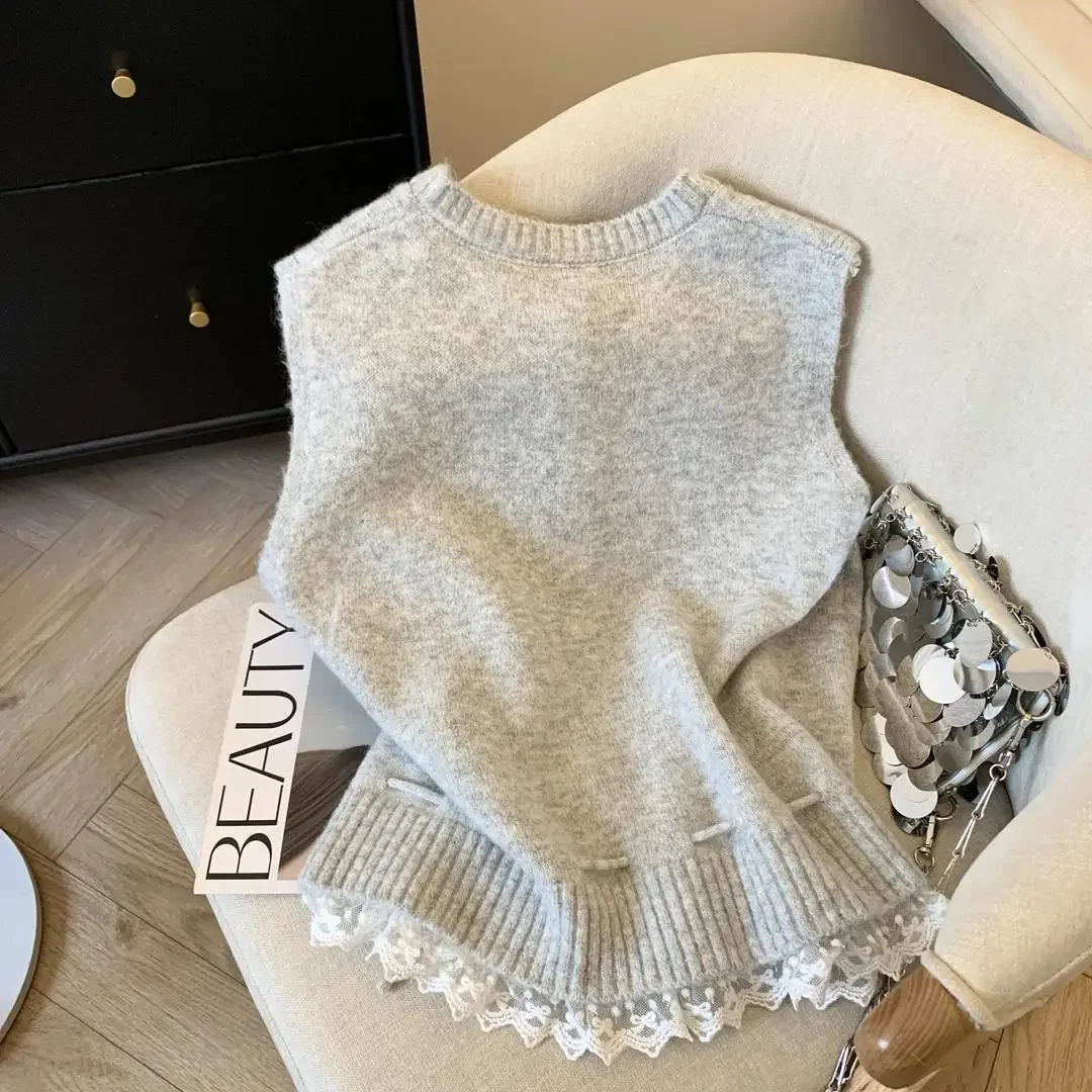 

Korean Round Neck Single Breasted Lace Patchwork Waistband Sweater Vest Women New Loose Knit Top Vests Top