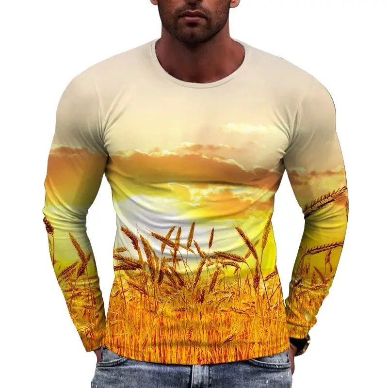 New European Rippling Wheat Fields  Picture  Men long sleeved T-shirt Casual Printed Tees Hip-hop Personality Round Neck  Tops