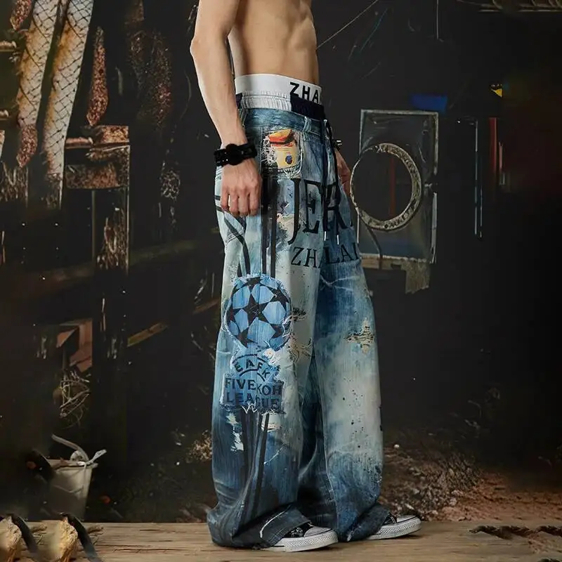 LUZHEN 2026 New Original 3D Pattern Printed Baggy Straight Jeans Men's Fashion Personalized Street Wide Leg Denim Pants JY6663