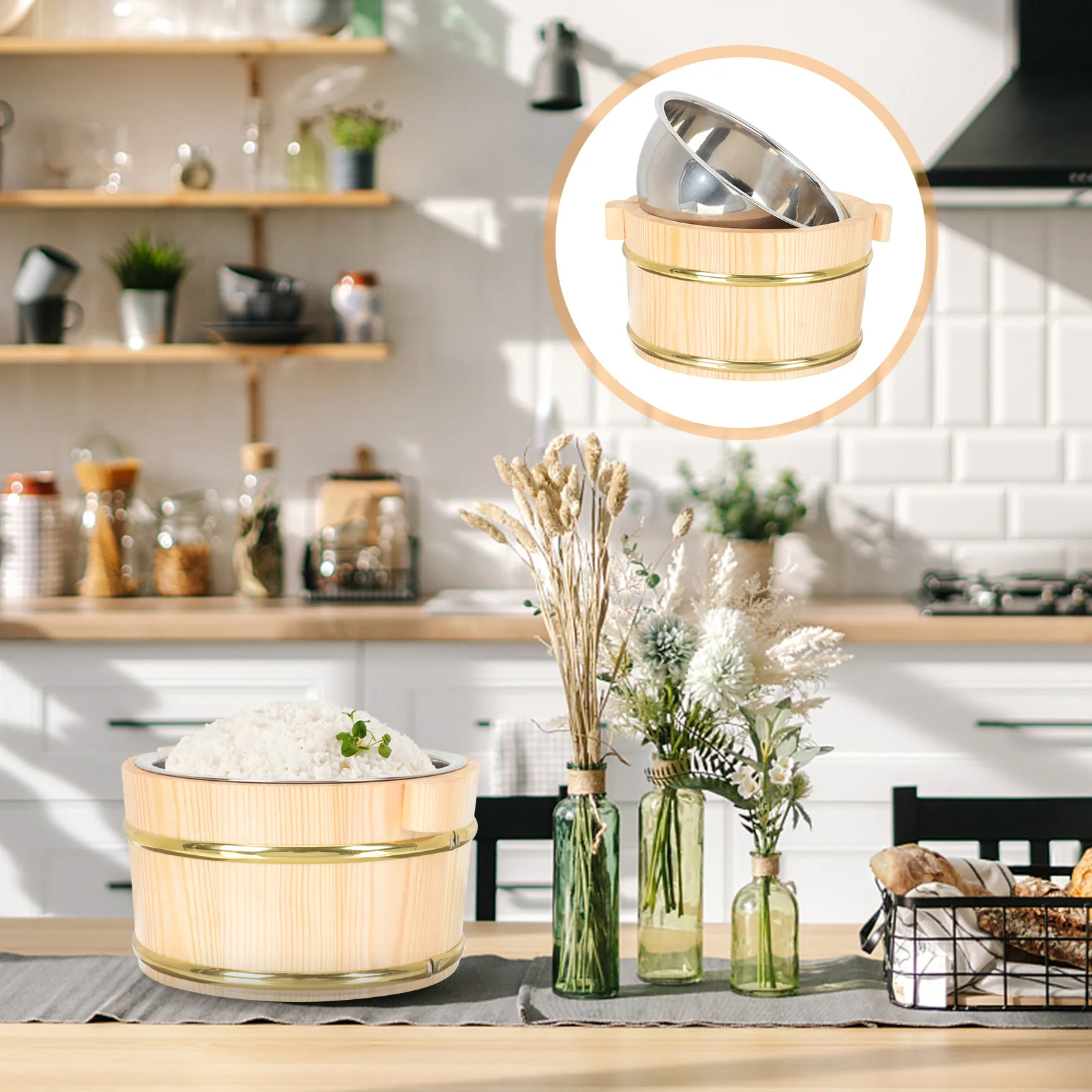 Food Storage Bucket Wooden Sushi Rice Barrel for Cooking Mixing Serving Compact Design Kitchen Dining Utility Container