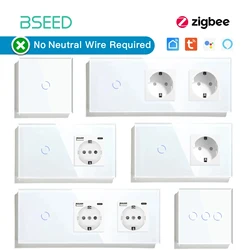 BSEED 1/2/3Gang ZigBee Touch Switch Smart Wall Light Switches Smart Life APP Google Alexa No Neutral Glass with Normal EU Socket