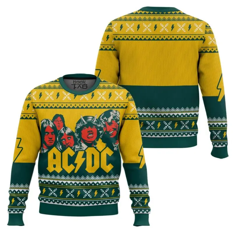 

Рождественский уродливый свитер ACDC, черный, красный, молния, забавная группа, мультяшное изображение, хэви-метал, фанаты хардкор-рок, праздничная одежда