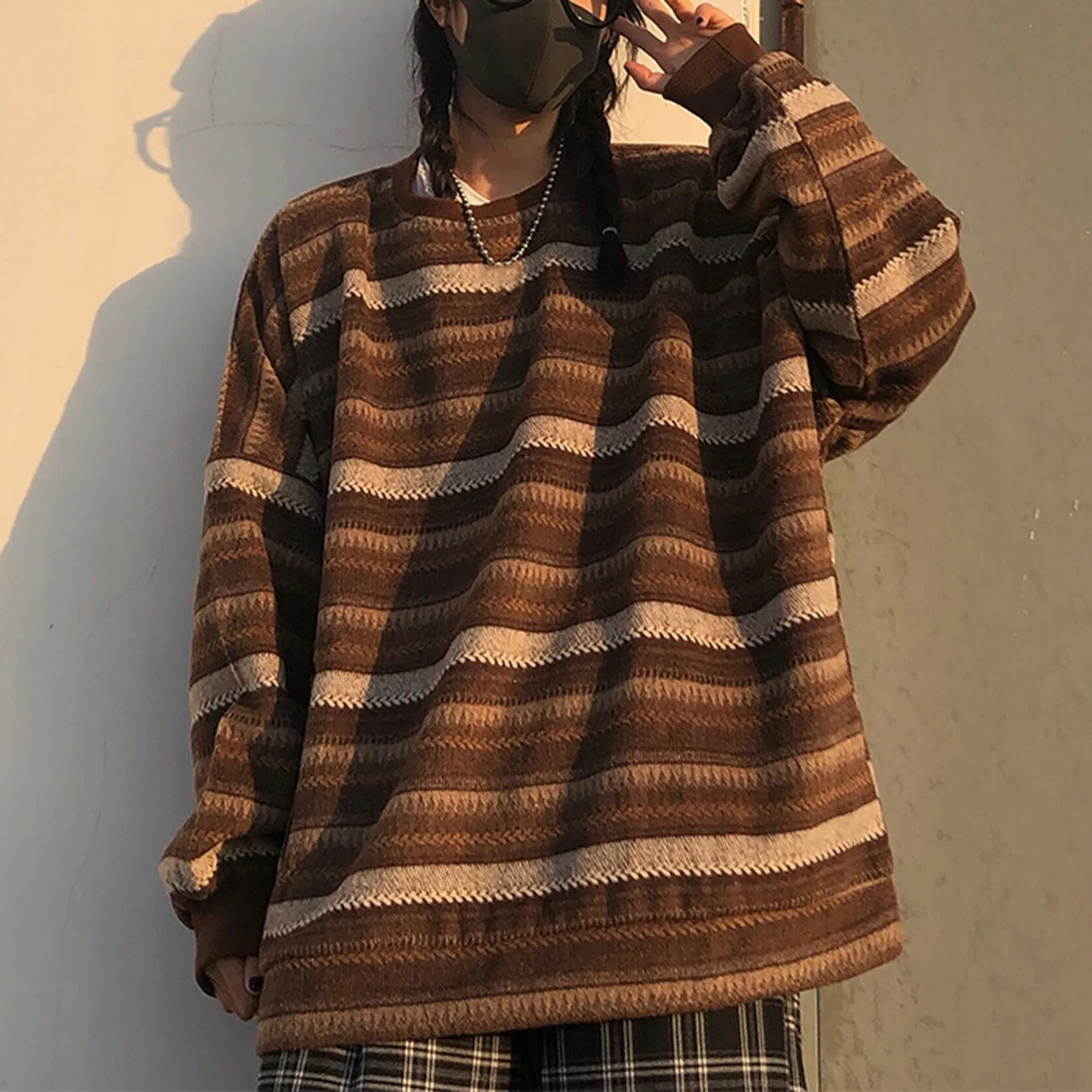 Women Retro Striped Knitted Sweater Autumn O Neck Full Sleeve Jumpers Fairycore Vintage Y2K Aesthetics Grandpa Pullovers Tops