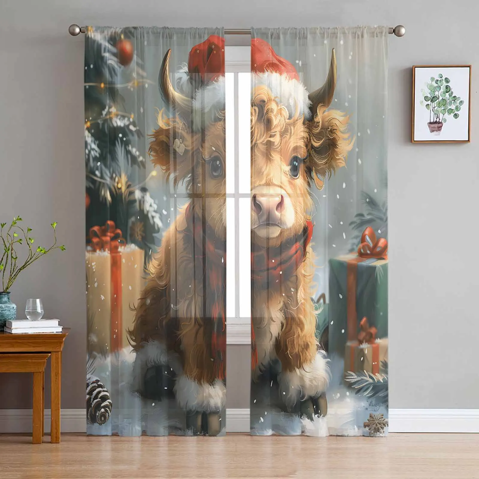 

Christmas Gift Yak Hat Vintage Oil Painting Window Treatment Tulle Modern Sheer Curtains for Kitchen Living Room Curtains Decor