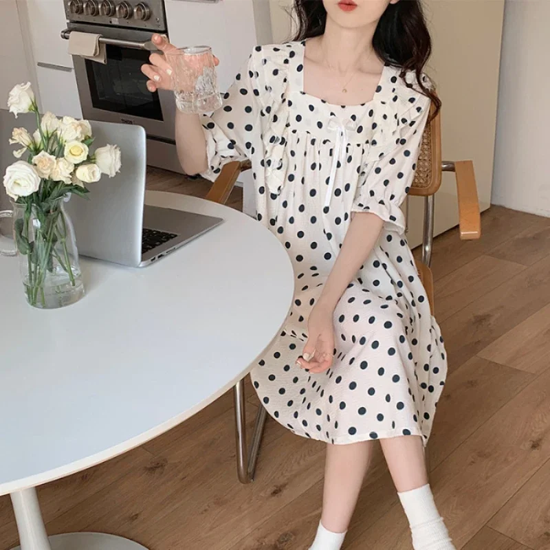 

Vintage Bubble Crepe Nightwear Sweet Short Sleeve Nightgown Romantic Princess Sleepwear Summer Women Polka Dots Night Dress