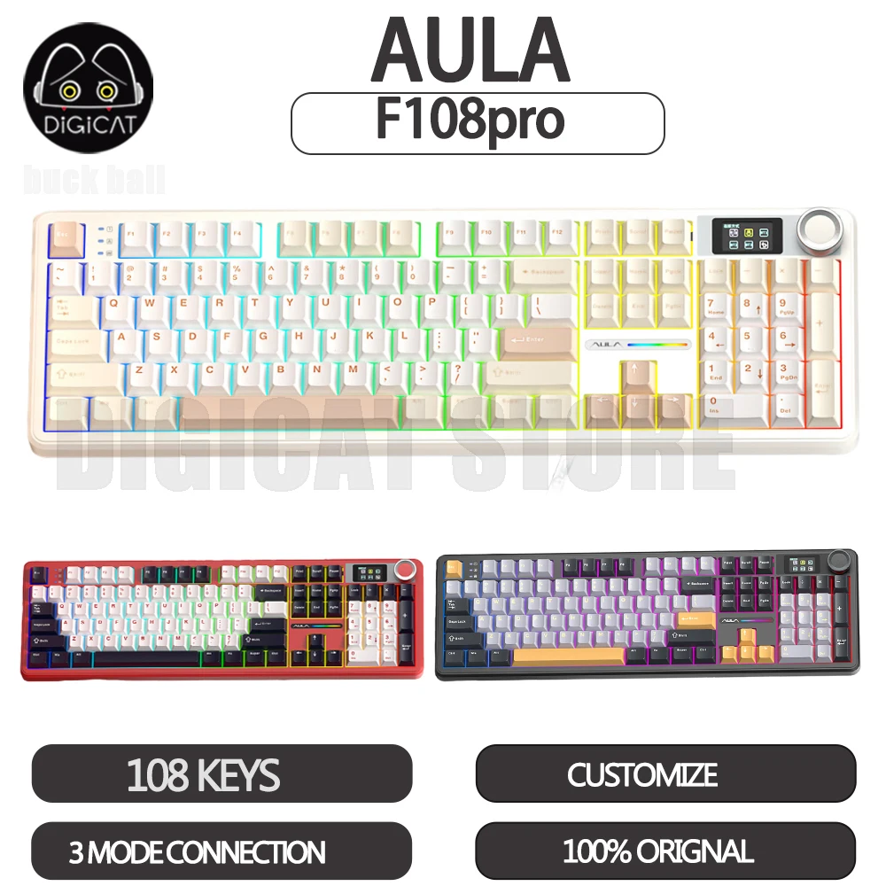 Aula F108pro Mechanical Keyboard 3mode Wireless Gamer Keyboard With 1.14-Inch Display Screen Rgb Custom Computer Accessory Gifts