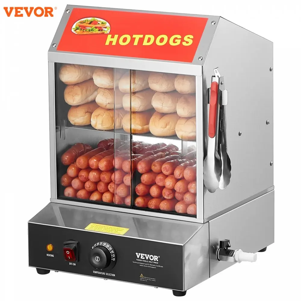 VEVOR 27/37 L 2 Tiers Hot Dog Steamer with Temperature Control Stainless Steel Electric Bun Warmer for Hot Dogs&Buns for Cinema