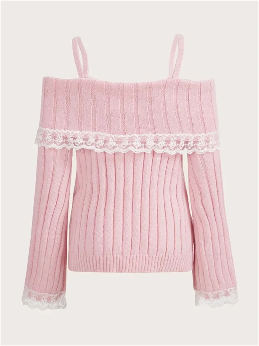 Y2K Cute Pink Pullover Women Off Shoulder Knit Sweater Sweet Pullovers  Long Sleeve Bow Lace Patchwork Jumpers Streetwear