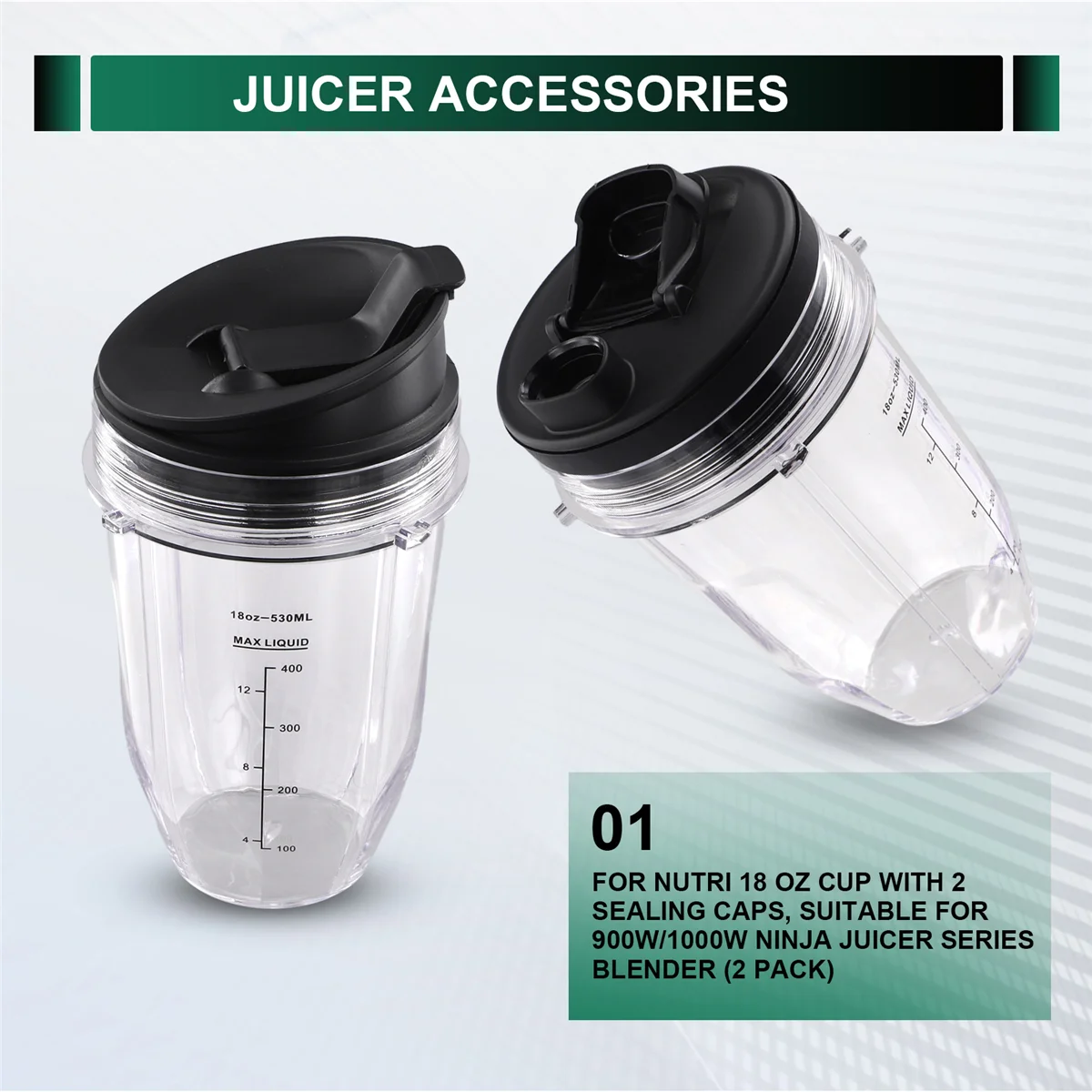 Для чашки Nutri Ninja на 18 унций с 2 уплотнительными крышками, подходит для блендера серии соковыжималок NINJA мощностью 900/1000 Вт (2 упаковки) - LITE
