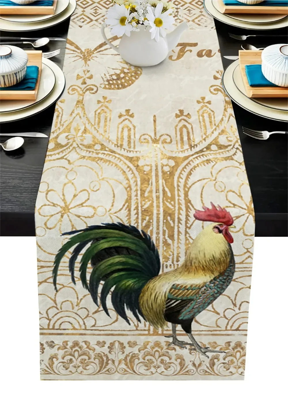 Farm Rooster Black And White Plaid Table Runner Christmas Dinner  Cloth Wedding Party Decor Cotton Linen cloth