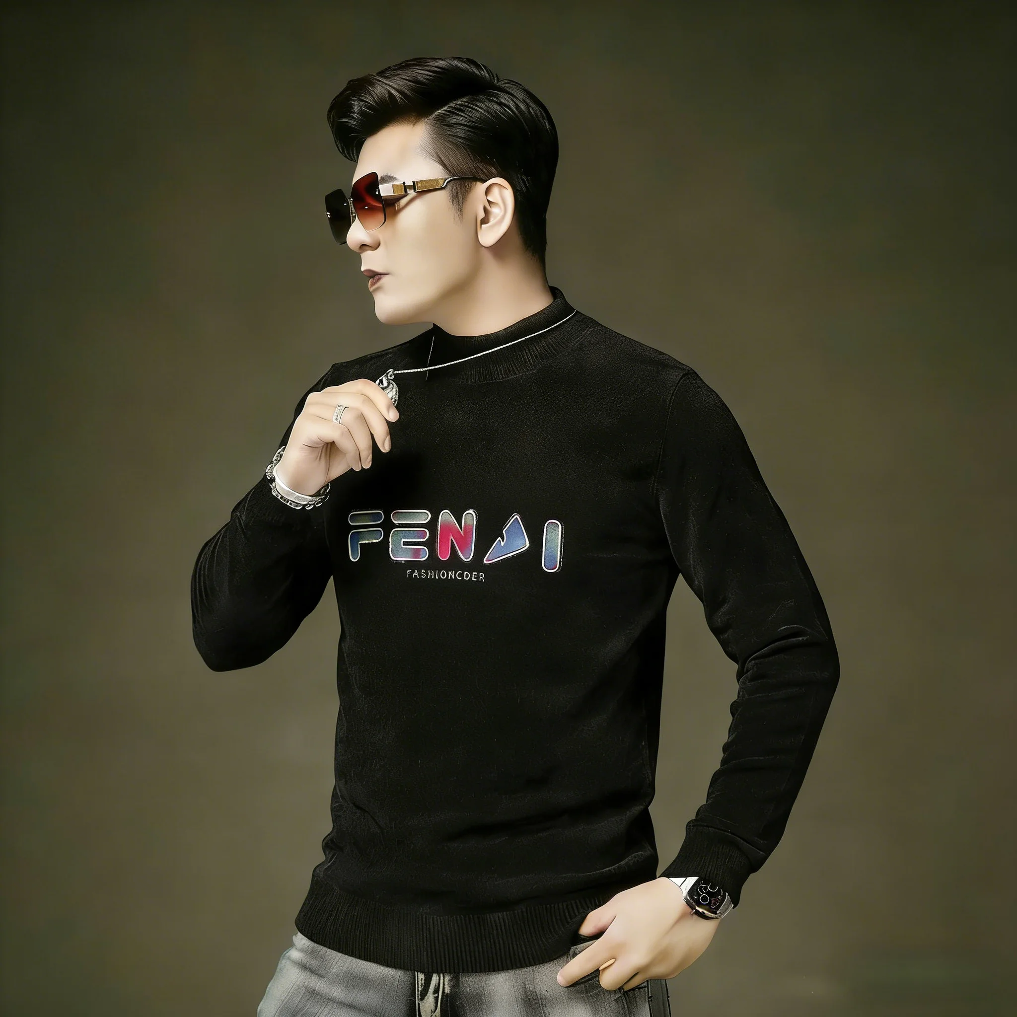 

Новинка 2023 года, мужской вязаный свитер, осень-зима, модный, с золотыми надписями, High Ne Monster Base, теплый, модный, молодежный, повседневный...