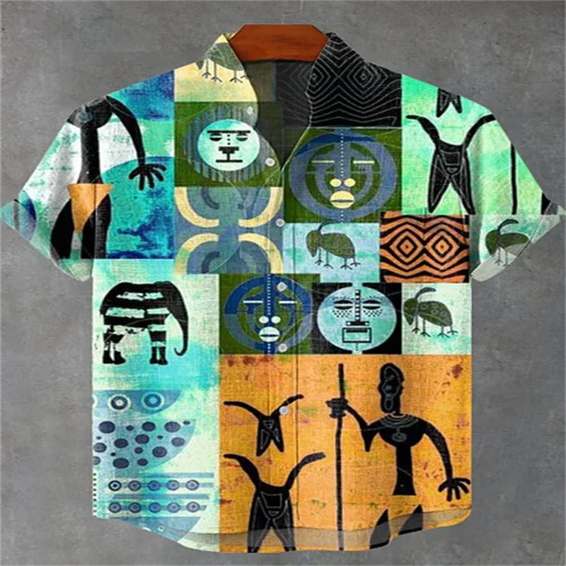 Men's Retro Ethnic Tribal Short Sleeve Shirt Vintage African Style Tops Casual Fashion Holiday Trend Street Men's Shirt