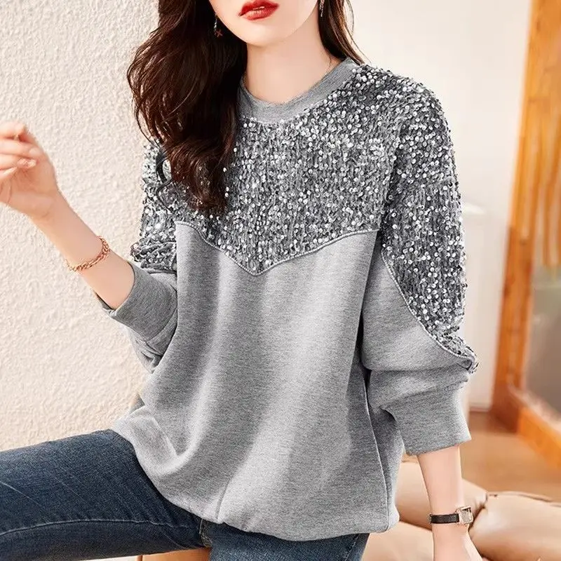 Autumn Winter New Style Sequin Splicing Western Style Sweatshirt For Women 2026 New Top