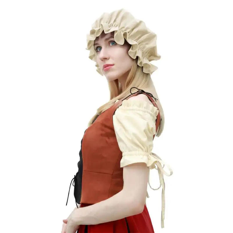 Dzcos Medieval Linho Ruffle Bonnet Cap, Renaissance Hood para Larp, Elastic Headdress Histórico, Dobras Chapéu Tradicional