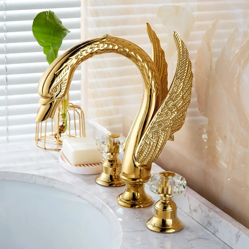 

Bathroom basin brass faucet gold widespread Swan black Tap luxury Basin Mixer Hot And Cold shower room sink Faucet