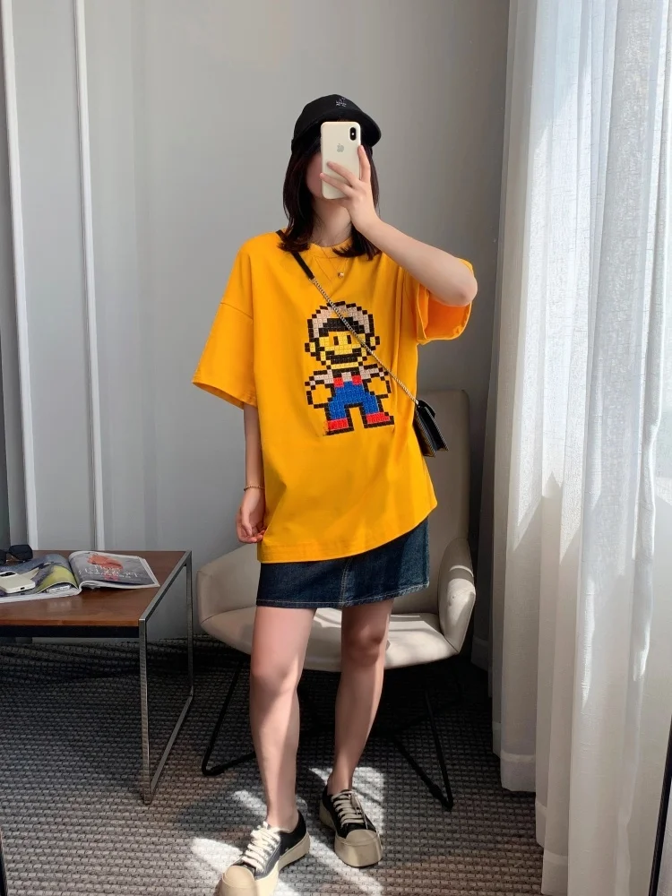 

ort Sve T-irt Women's Loose Fit Cartoon Embroidery Casual Sle Summer New Arrival Faionable round Ne Top