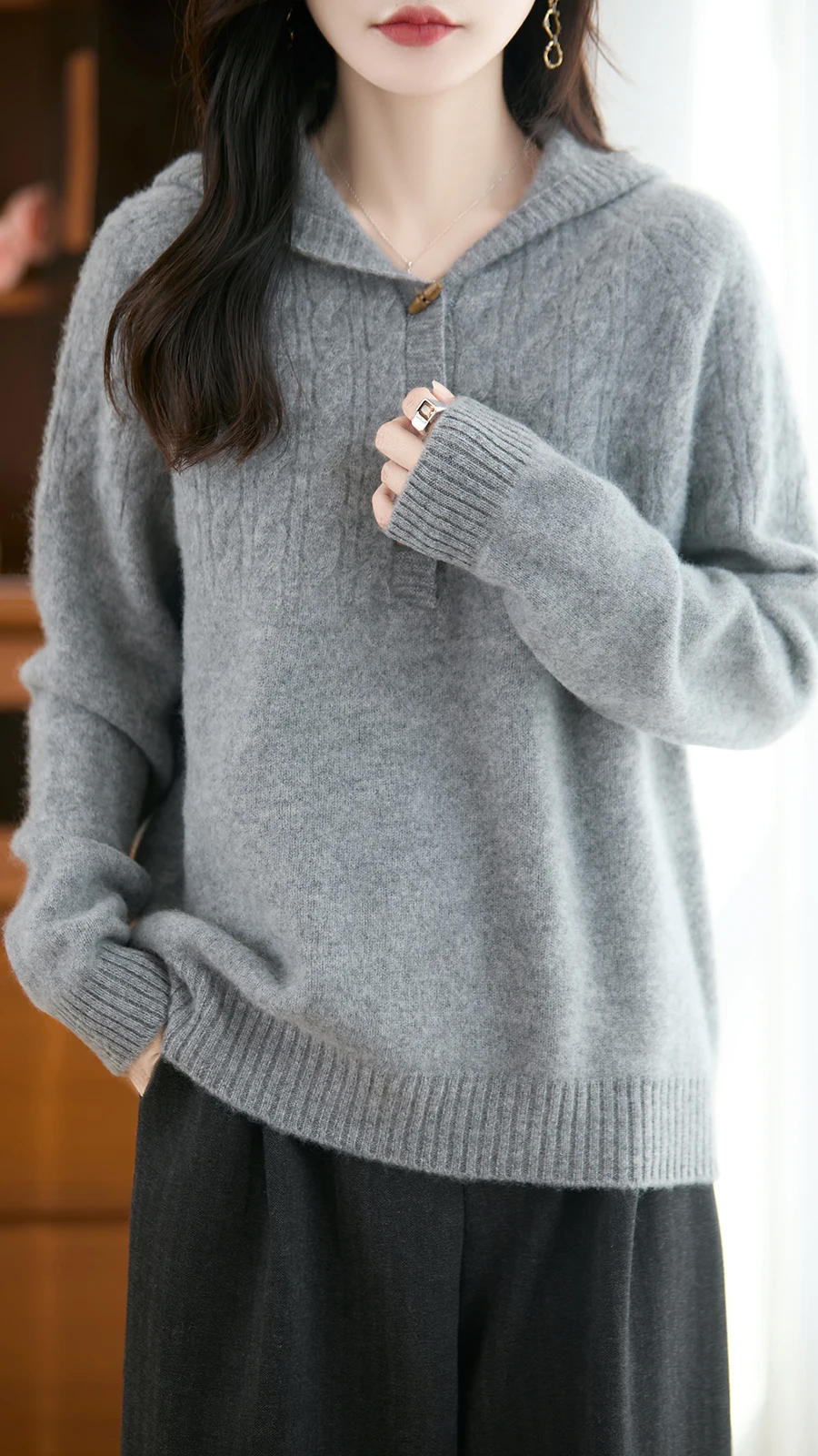 High-grade hooded half-open collar 100 sweater women's autumn and winter soft waxy loose warm sweater top
