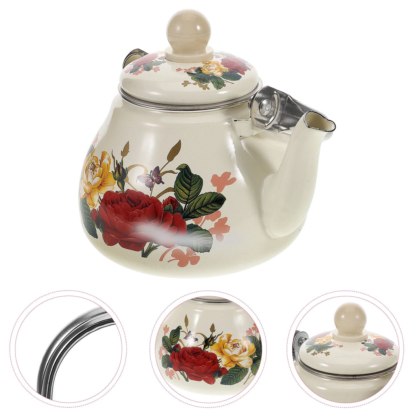 

Enamel Teapot 1L Large Capacity Vintage Floral Tea Pot with Strainer Heat Resistant Rustproof for Home Office Kitchen Use