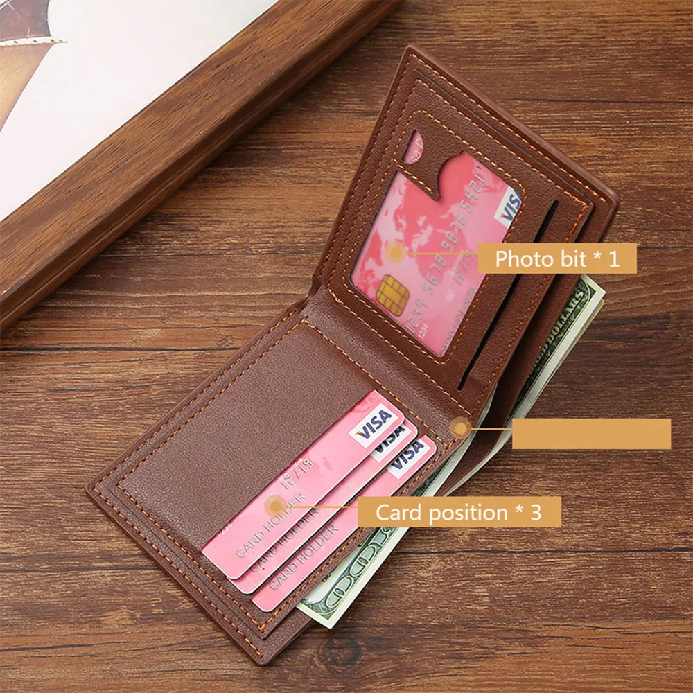 Lychee Texture PU Leather Men's Wallet Short Cash Purse Multi Card Slot Patchwork Card Holder Horizontal Money Clip