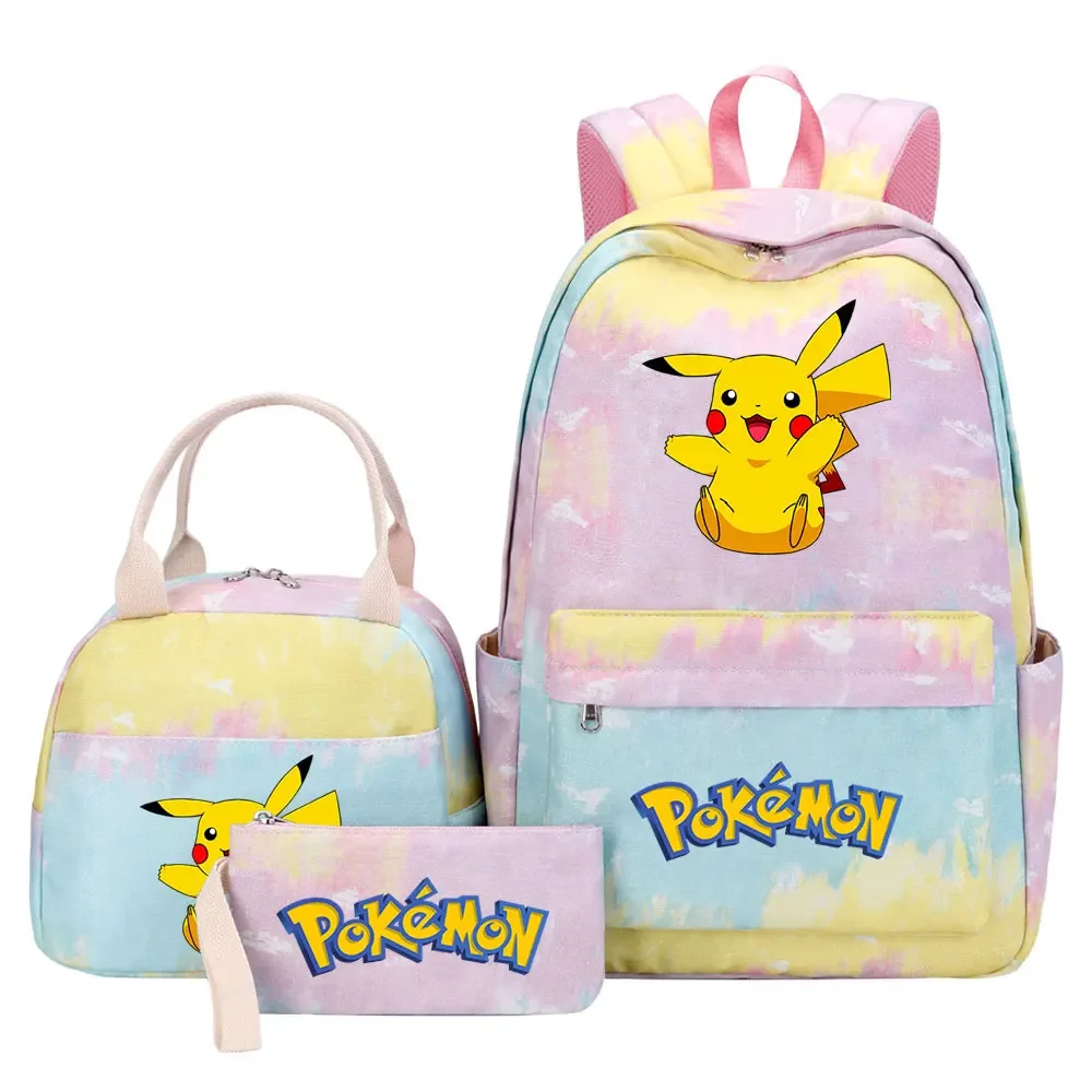 New Pikachu Girls Kids Pen Lunch Bags Bookbags 3 Pcs Women Teenagers Schoolbags Travel Laptop Rainbow Backpack Gift