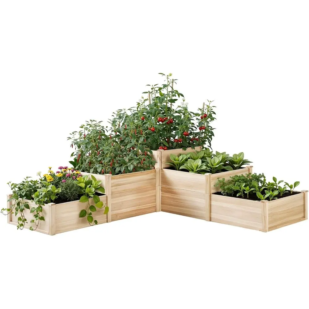 

3-Tier Deep Wooden Planter Box for Outdoor Gardening with Dividers, Easy Assembly, Ideal for Vegetables, Herbs, and Flowers